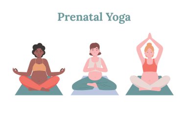 Genç hamile kadınlar nilüfer çiçeğiyle yoga yapıyor. Düz vektör çizgi film modern biçim illüstrasyonu izole edilmiş beyaz arkaplan.