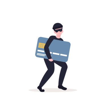Maskeli hırsız bir kredi kartı ve kişisel bilgi çalıyor. Düz vektör karikatür çizimi izole edilmiş beyaz arkaplan.