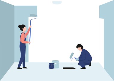 Boyacı kadınlar duvarı boyuyor. Kızlar boya silindirlerini ellerinde tutarlar. Düz vektör modern çizgi film çizimi tasarımı.