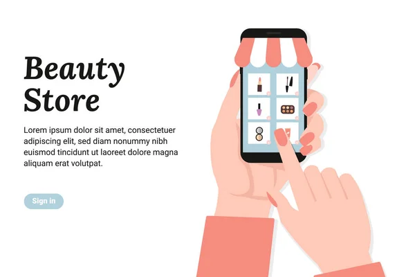 化妆品商店 女性手拿着手机 平面矢量卡通画模板 用于网页 社交媒体 — 图库矢量图片