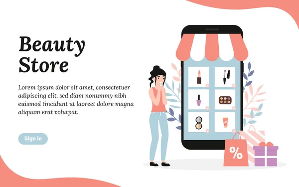 Kosmetiikkakauppa Ostokset Käsite Tasainen Vektori Sarjakuva Kuvitus Malli Web Aloitussivu — vektorikuva