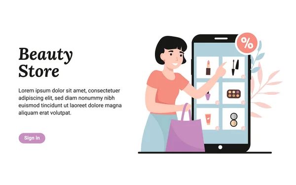Kauneuskosmetiikkakauppa Nuori Tyttö Ostaa Kosmetiikkaa Verkossa Ostokset Käsite Tasainen Vektori — vektorikuva