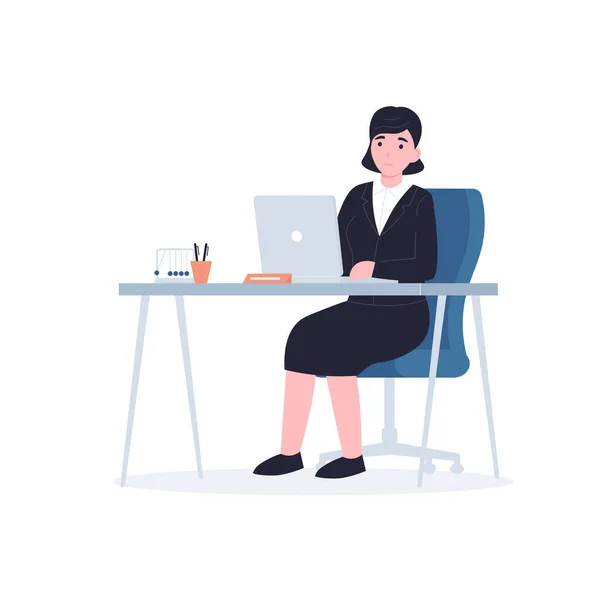 女商人坐在桌旁 用笔记本电脑 在白色背景上孤立的平面矢量现代插图 — 图库矢量图片