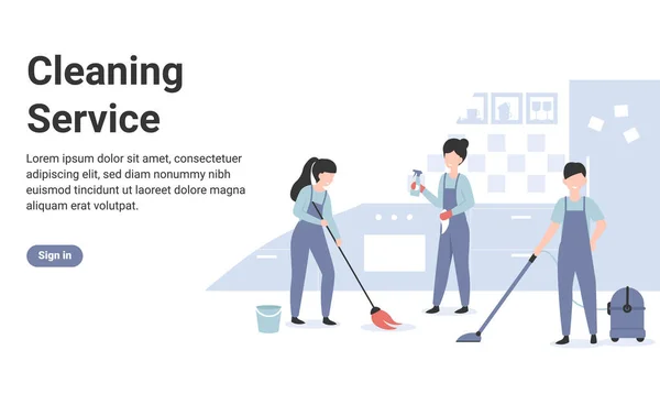 서비스 개념은 근로자들을 대상으로 걸레로 주방을 청소하는 페이지 포스터 템플릿 — 스톡 벡터