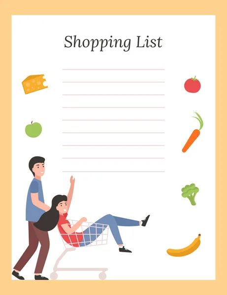 Grocery List Template Vegetables Happy People Customers Flat Vector Illustration — Stock Vector