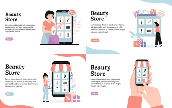 Magasin Beauté Les Jeunes Filles Achètent Des Cosmétiques Ligne Des — Image vectorielle