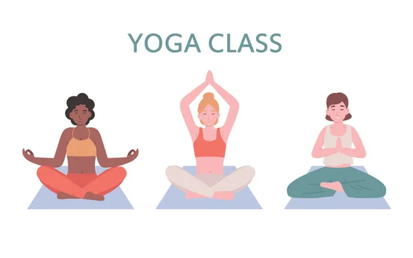 Jonge Mooie Vrouwen Die Yoga Beoefenen Lotusposes Vlakke Vector Cartoon — Stockvector