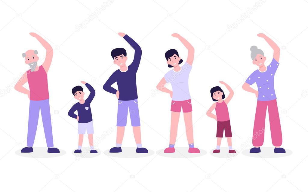 Big family do morning fitness exercising, slope. Flat vector cartoon modern illustration isolated white background.