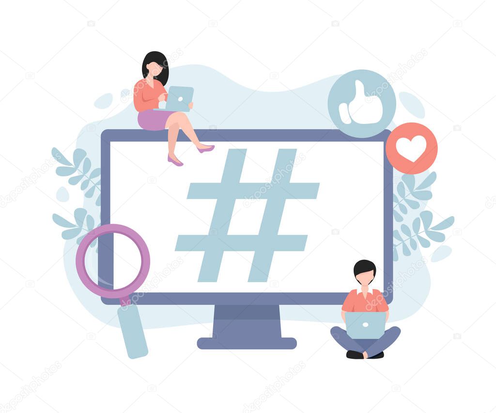 Bloggers or vloggers. Concept of hashtag for social media network. Flat vector illustration for web landing page, banner, social media, poster, application.