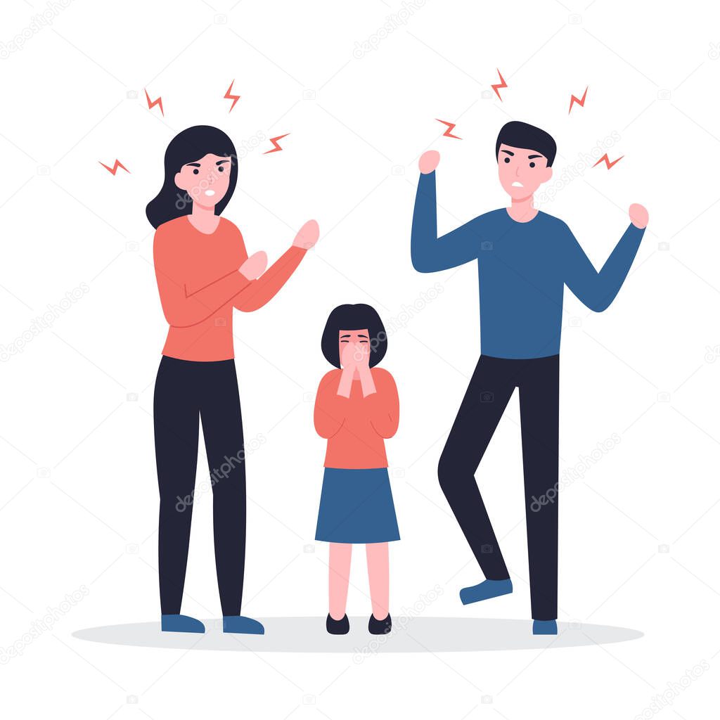 Husband and wife scandal, child crying. Concept flat vector cartoon Illustration. Family problems, pressure at work, domestic abuse, unhappy marriage.