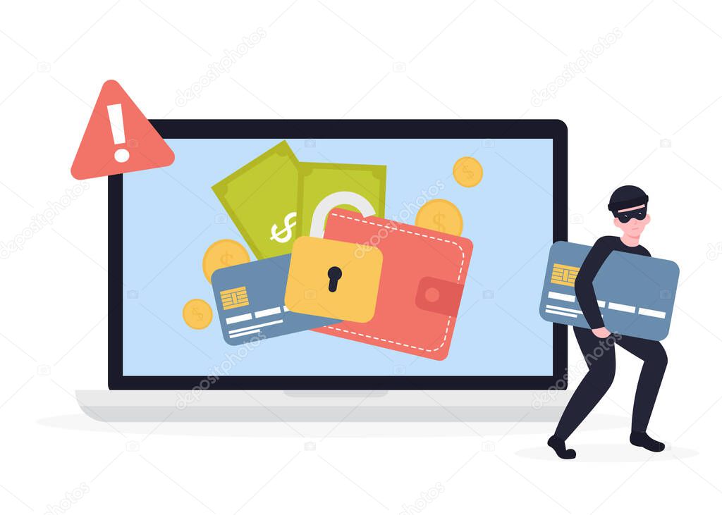Cyber thief breaks laptop and steals money, credit card details. Hacked lock and bad antivirus. Flat vector cartoon illustration concept.