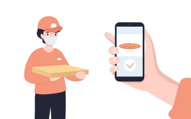 Yemek dağıtım servisi. Mobil uygulama. Tıbbi maske takmış pizza kutusu olan genç bir erkek kurye. Düz vektör modern resimleme.
