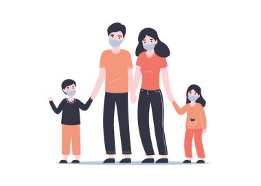 Koruyucu tıbbi maskeli büyük bir aile yürüyor. Ncov, covid 2019, Coronovirus konsepti. Romantik koronavirüs salgını. Düz vektör karikatür modern tasarım çizimi. 