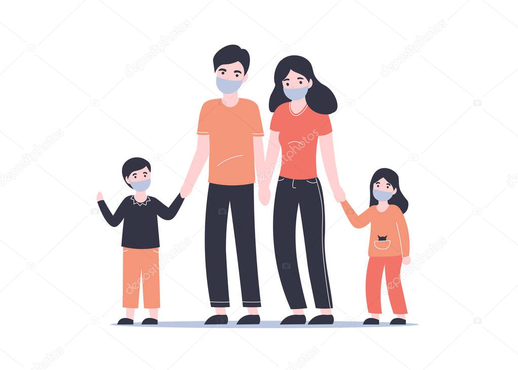 Big family in protective medical masks walks. Ncov, covid 2019, Coronovirus concept. Novel coronavirus pandemic. Flat vector cartoon modern design illustration. 