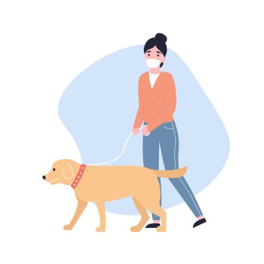 Koruyucu tıbbi maskeli bir kadın sokakta bir köpekle yürüyor. NCoV. Covid 2019, Coronovirus konsepti. Romantik koronavirüs salgını. Düz vektör modern çizgi film çizimi.
