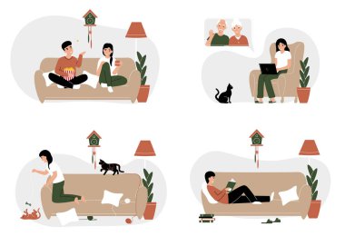 Evde Kal kavramlarını ayarla. Evdeki izolasyonda bir çift. Ncov, Covid 2019, Koronovirüsü Önleme. Romantik koronavirüs salgını. Düz vektör çizgi film modern illüstrasyon.