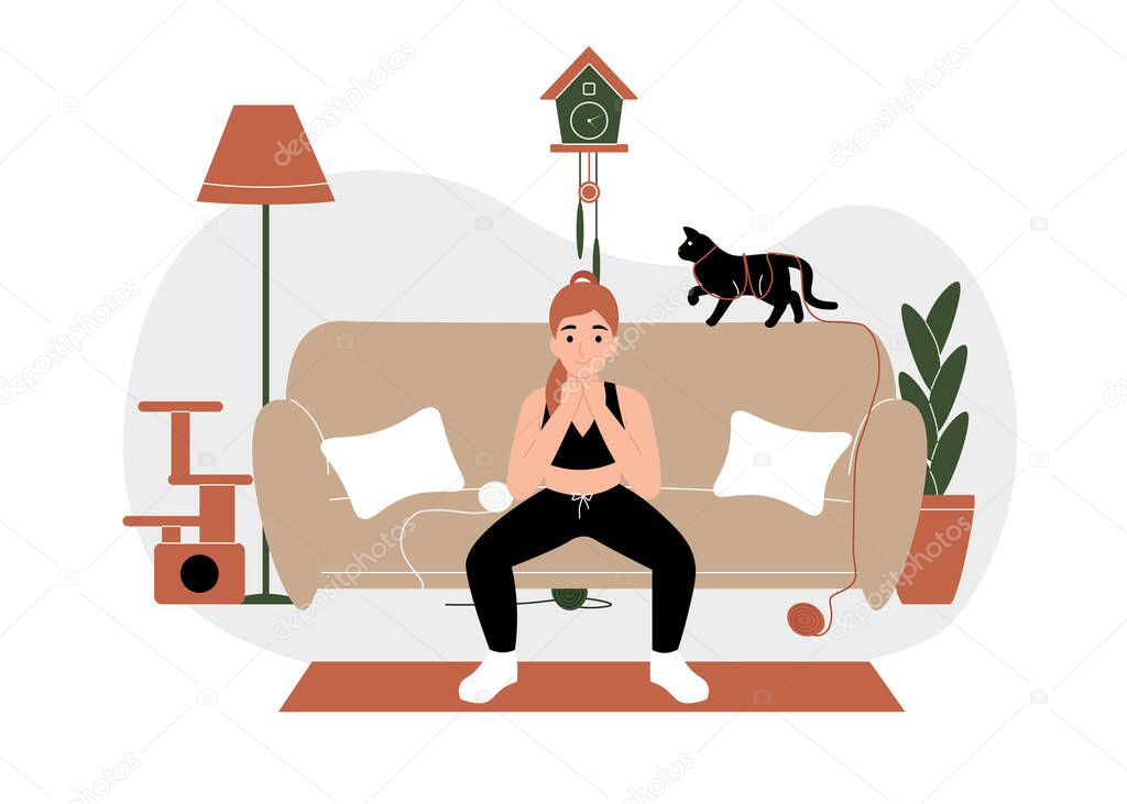 Stay home and do workout concept. Young girl squats on a sports mat. Ncov, covid. Prevention Novel Coronavirus pandemic. Flat vector cartoon modern illustration.