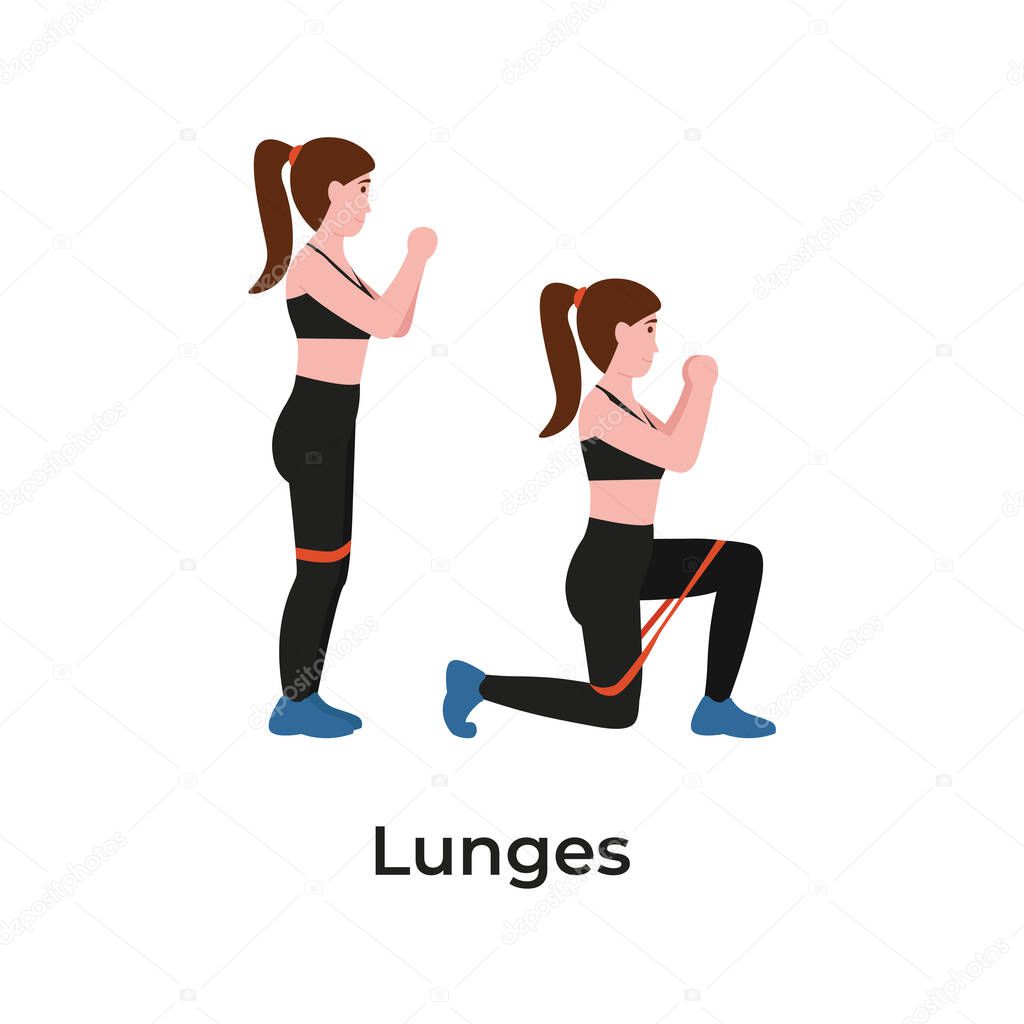 Booty or glutes workout with resistance bands. Lunges concept. Stay home and do sport. Flat vector cartoon modern illustration.