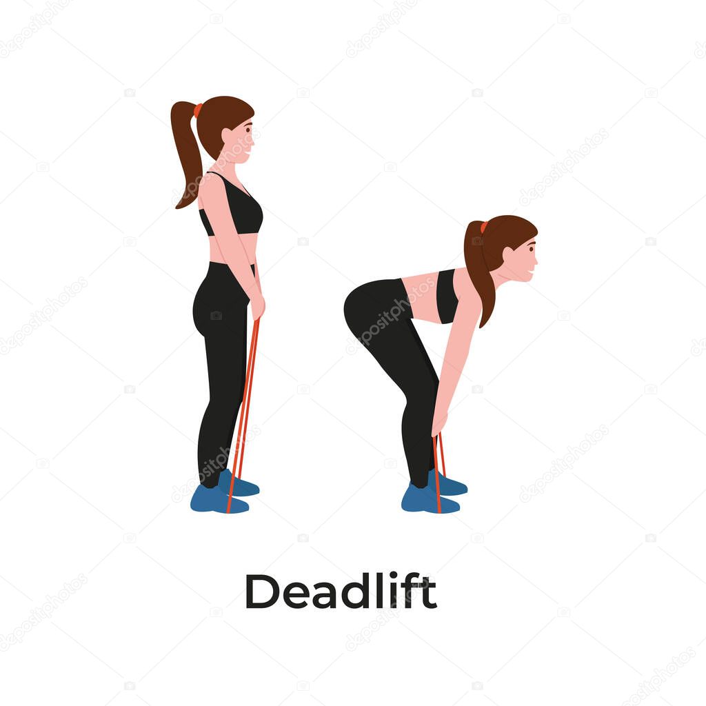 Booty or glutes workout with resistance bands. Deadlift concept. Stay home and do sport. Flat vector cartoon modern illustration.