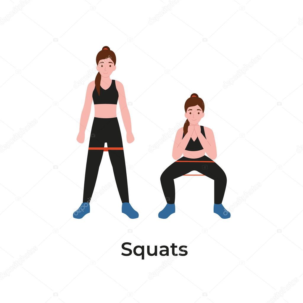 Booty or glutes workout with resistance bands. Squats concept. Stay home and do sport. Flat vector cartoon modern illustration.