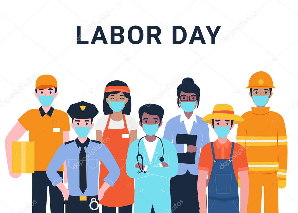 International Labor Day. Set people characters actual important professions covid 19. Coronavirus pandemic. Flat vector cartoon modern illustration concept for banner, poster, layout, background.