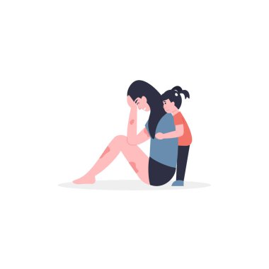 Domestic violence, the child comforting upset mom. Daughter hugs sad mother. Flat vector modern cartoon illustration. clipart