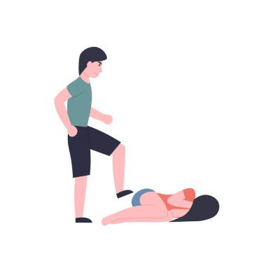 Adam kızı dövüyor, aile içi şiddet. Kadın yerde yatıyor ve ağlıyor. Genç adam kız arkadaşını dövüyor. Düz vektör çizgi film modern illüstrasyon.