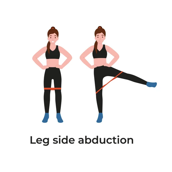 Direniş bantlarıyla kalça ya da kalça egzersizi. Bacak tarafı kaçırma kavramı, yan bacak kaldırma. Evde kal ve spor yap. Düz vektör çizgi film modern illüstrasyon.