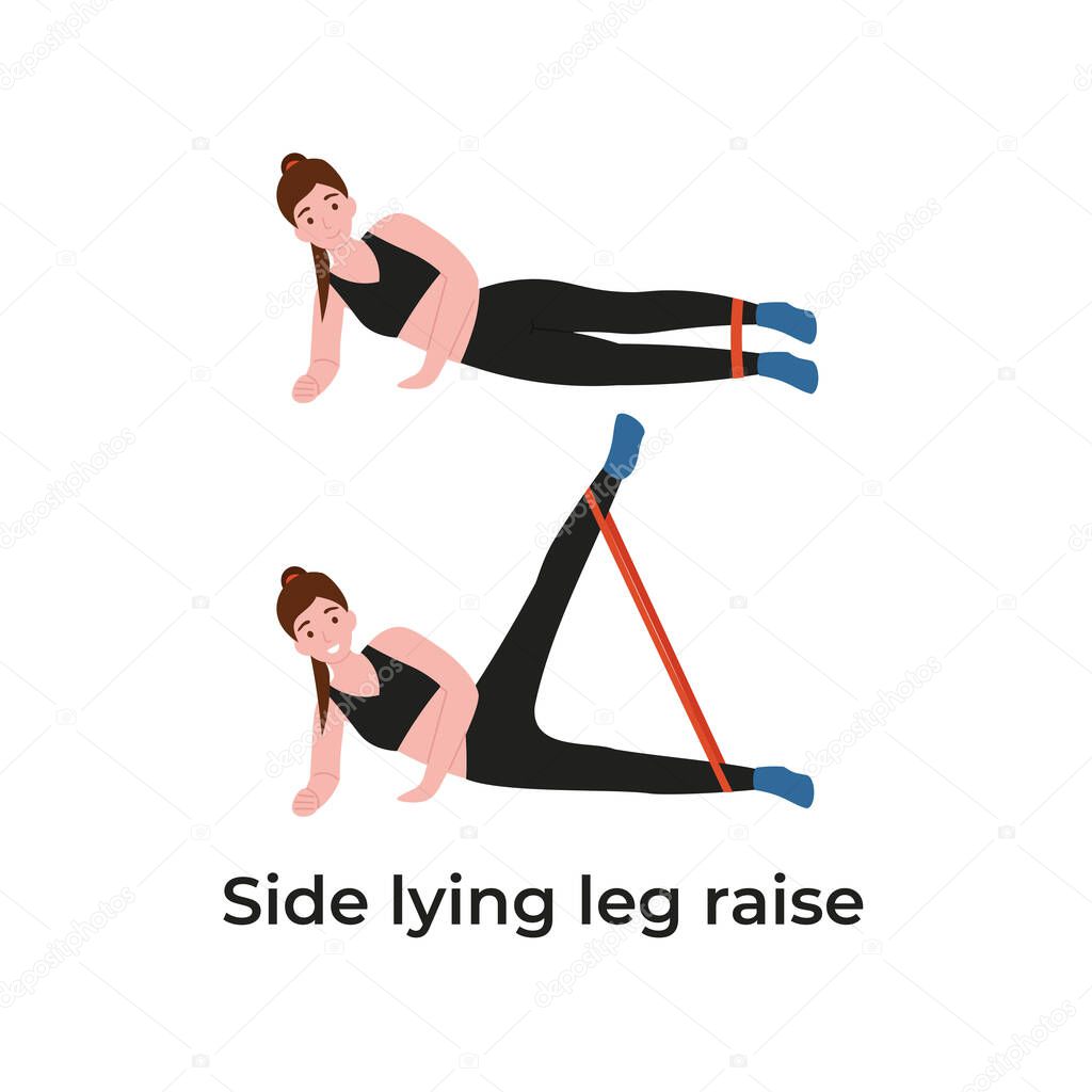 Booty or glutes workout with resistance bands. Side lying leg raise, lateral leg lifts. Stay home and do sport. Flat vector cartoon modern illustration.