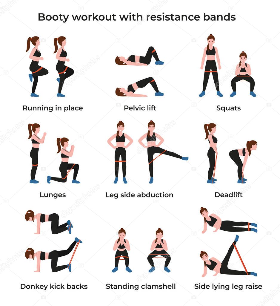 Booty or glutes workout with resistance bands. Leg side abduction concept, lateral leg lifts. Stay home and do sport. Flat vector cartoon modern illustration.