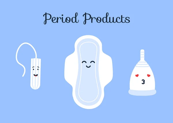 Uppsättning Kvinnor Söt Lever Intima Hygienartiklar Tampong Menstruationskopp Och Servetter — Stock vektor