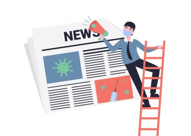 Hoparlörlü koruyucu tıbbi maskeli bir iş adamı karakteri. Coronavirus haberleri, gazete. Düz stil vektör modern illüstrasyon. Pankart, poster, düzen, web sitesi, şablon kavramı.