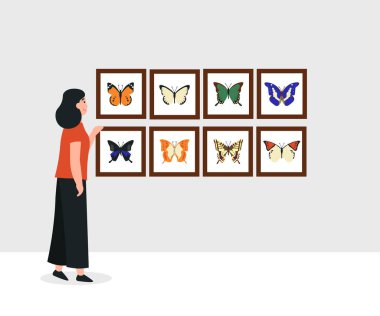Hobi konsepti, kız kelebek koleksiyonu yapıyor. Düz vektör çizgi film modern illüstrasyon.