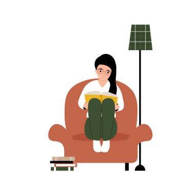 Hobi konsepti. Koltukta oturan ve kitap okuyan bir kız. Düz vektör çizgi film modern illüstrasyon.
