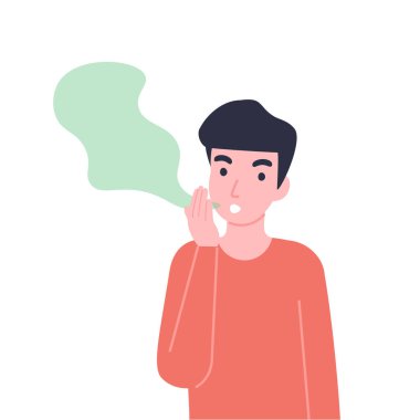 Adamın ağzında kötü bir koku var. Ağız kokusu ya da fetüs sorunu. Düz vektör çizgi film modern illüstrasyon.