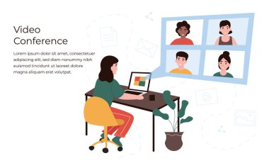 Conference concept. People in different locations communicate with each other use internet. Girl at home using laptop and camera communicates with colleagues and friends. Flat vector illustration. clipart