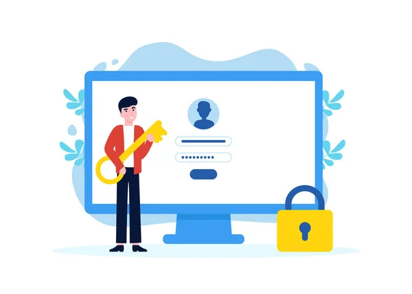 Homem Com Chave Perto Computador Login Conta Senha Conceito Design —  Vetores de Stock