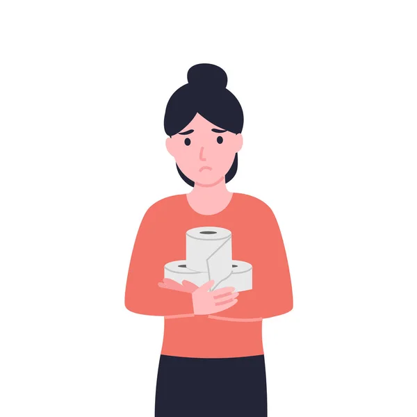 Sad Woman Holds Toilet Paper Niña Infeliz Padece Diarrea Estreñimiento — Vector de stock