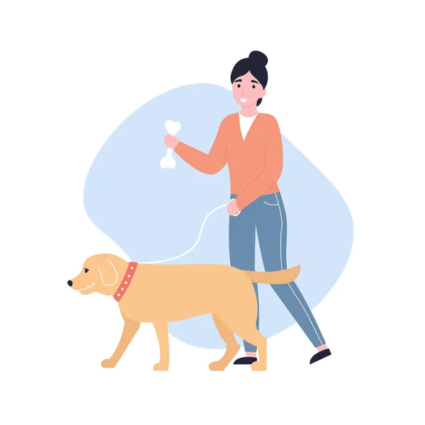 Счастливая Девочка Гуляющая Собакой Плоский Вектор Современной Карикатуры — стоковый вектор