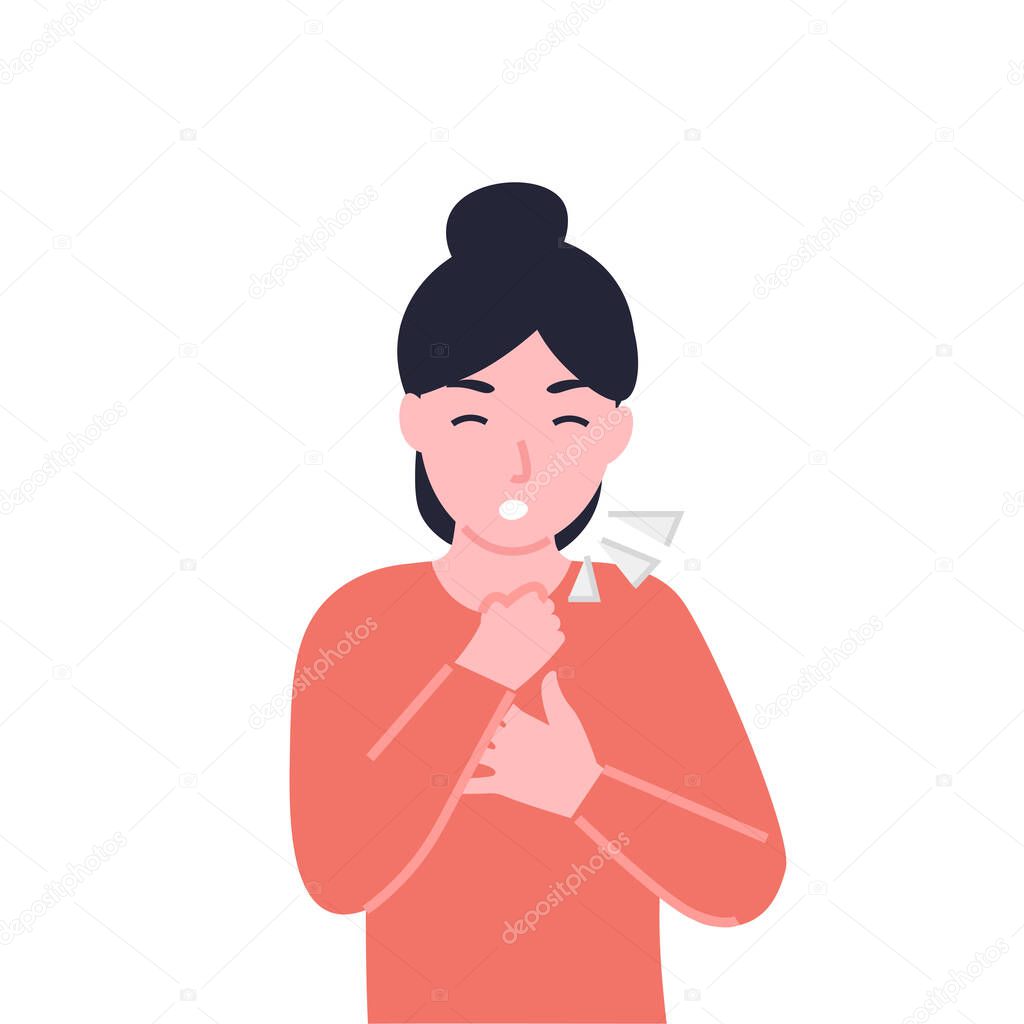 Woman clutching her chest and coughing, dyspnea, shortness of breath, disordered or inadequate breathing, pain in the chest and air hunger, lack of air, hyperventilation. 
