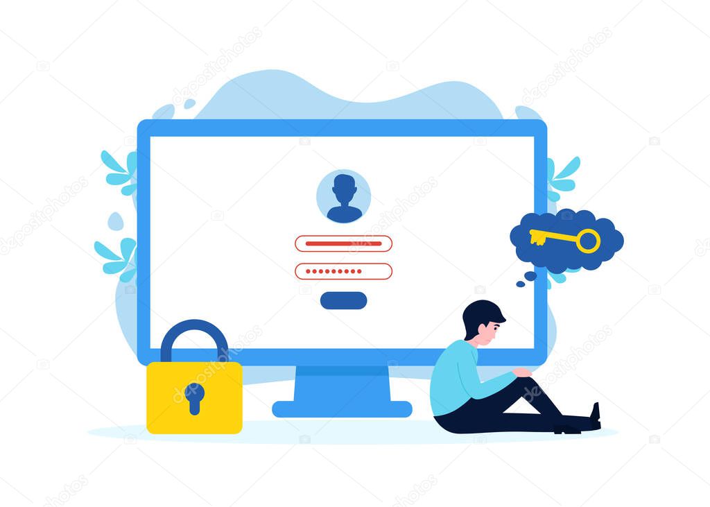 Unhappy man near computer forgot account login and password. Flat vector male character design concept for landing page, web, poster, banner, layout, template.