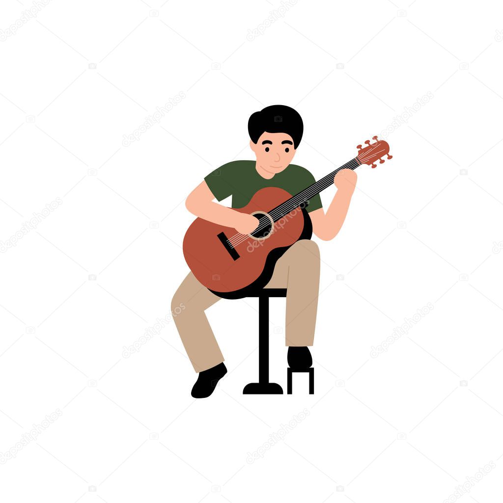 Guy plays the classical guitar. Flat vector cartoon modern illustration.