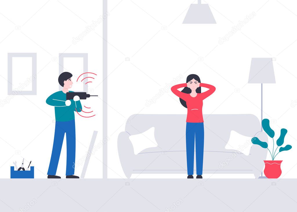 Girl suffers from a loud sounds neighbor with a drill. Man makes repairs at home and interferes his neighbors. Flat vector cartoon modern illustration.