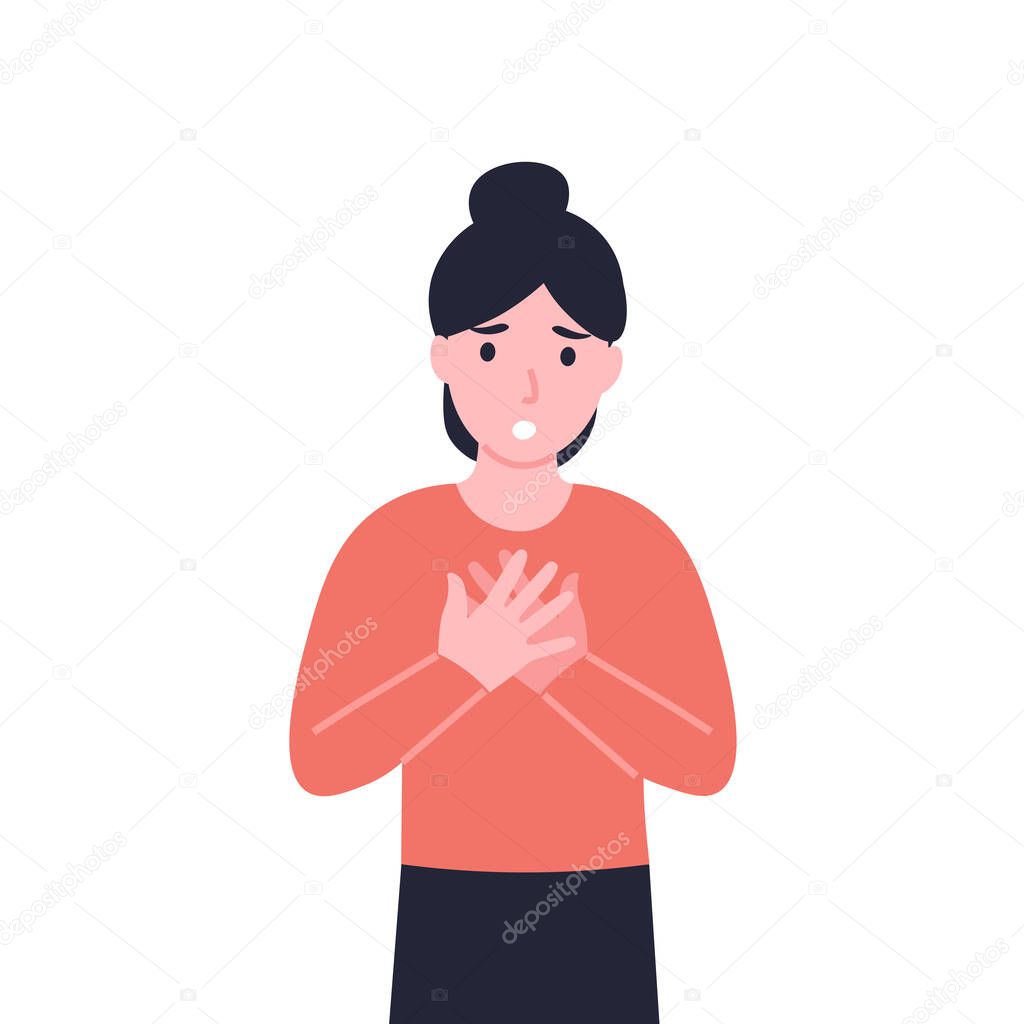 Woman has dyspnea, shortness of breath, disordered or inadequate breathing. Girl feeling chest tightness, pain in the chest and air hunger, lack of air, hyperventilation. Flat vector illustration.