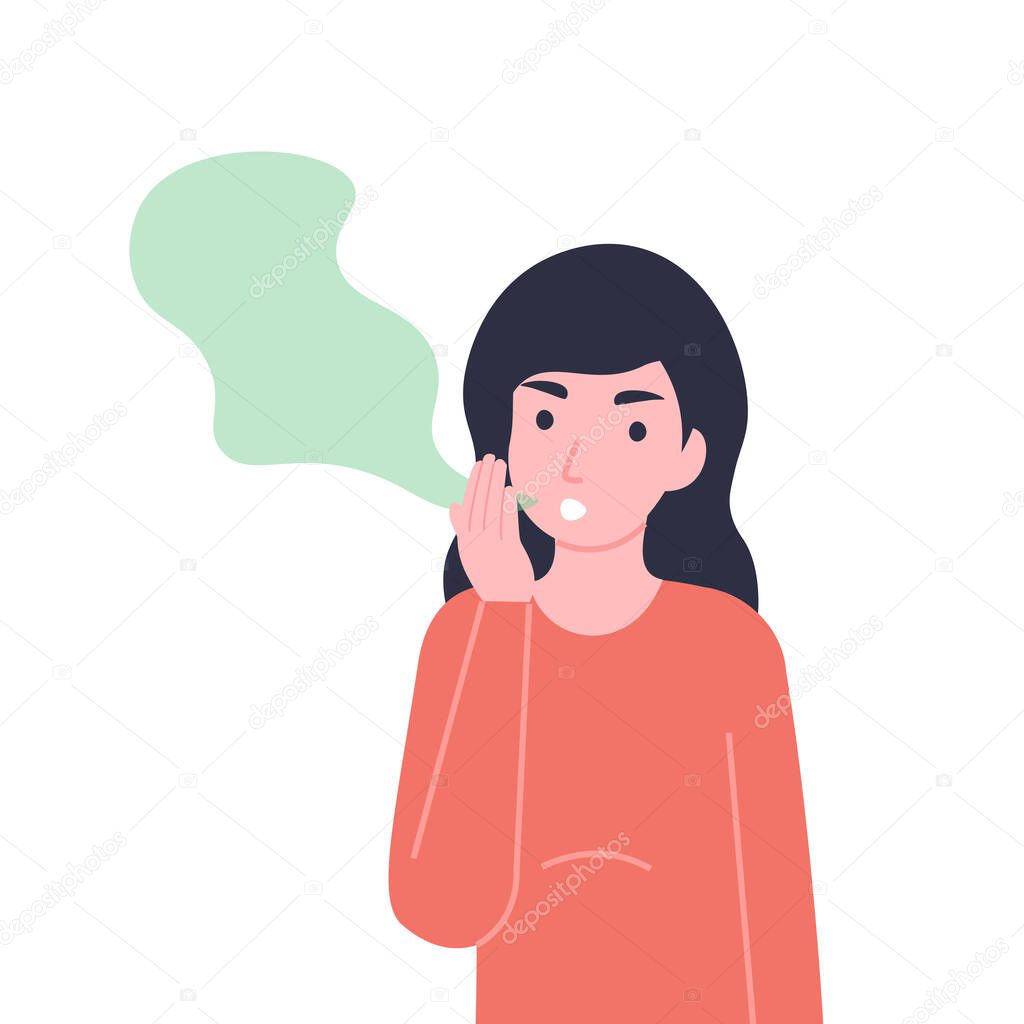 Woman has bad smell in her mouth. Halitosis or fetor oris problem. Flat vector cartoon modern illustration.