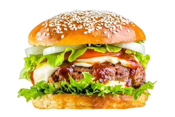 Crispy crust bread burger, tomato sauce, mozzarella cheese, onion rings, greens, sprinkled with sesame seeds, juicy meat pork meat steak, tomatoes, lettuce leaves Isolated on white background.
