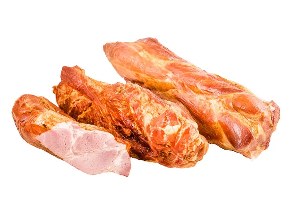 large pieces of smoked chicken meat, beef, pork, with pink delicate fat, with interlayers, fried boiled, appetizing isolated on white background