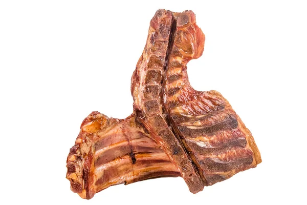 Cow, smoked ribs, fried, juicy, bacon, meat on bone, fried on fire, in plastic packaging, polyethylene, bull, calf isolated on white background