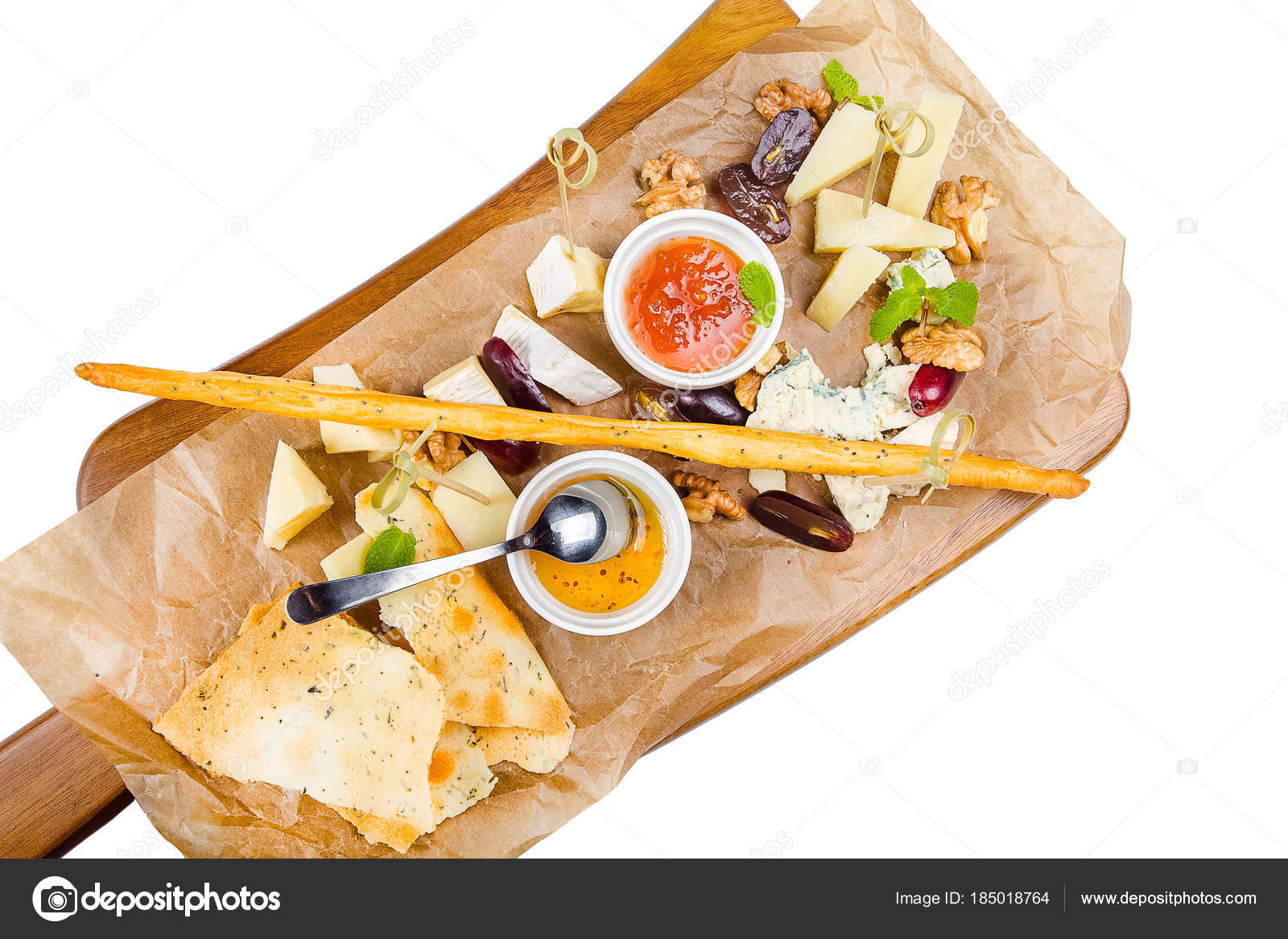 Honey Hazelnut Walnut Cheese Parmesan Mold Greenery Wooden Board Vintage — Stock Photo