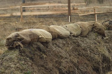 Sandbags made from coarse fabric reinforce the edge of the army trench in the field. Preparing infantry positions during exercises. clipart